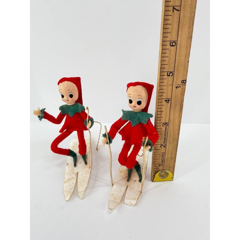 Vintage Christmas Elf Pixie Skier Dolls Plastic Felt Ski Holiday Decor Set - Picture 6 of 10
